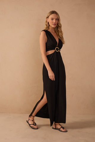 Vestido Maxi Dress To de Lino con Hebilla Bordada y Cut-Out – Negro