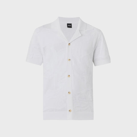 Camisa Tejida BOSS de Manga Corta con Cuello Abierto - Blanco