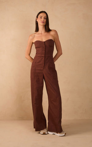 Jumpsuit Strapless Marrón de Rayas finas Dress to