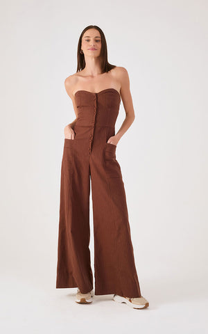 Jumpsuit Strapless Marrón de Rayas finas Dress to