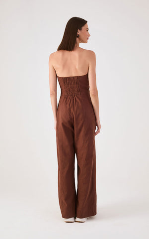Jumpsuit Strapless Marrón de Rayas finas Dress to