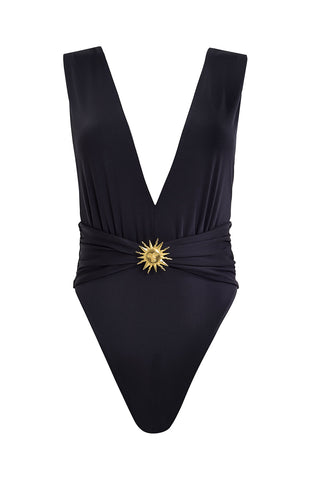 Traje de Baño Agua Bendita Enterizo Fernanda Solstice Negro con Escote Profundo