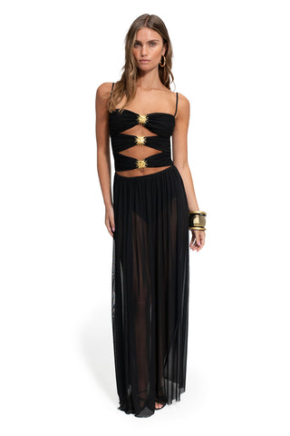 Vestido Agua Bendita Maxi Meeg Solstice Negro con Apliques Dorados
