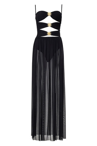 Vestido Agua Bendita Maxi Meeg Solstice Negro con Apliques Dorados