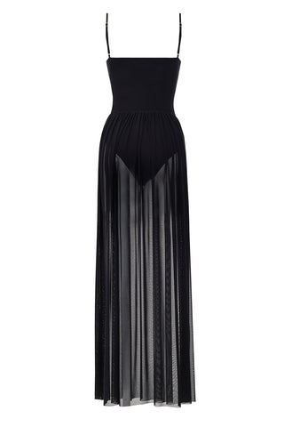 Vestido Agua Bendita Maxi Meeg Solstice Negro con Apliques Dorados