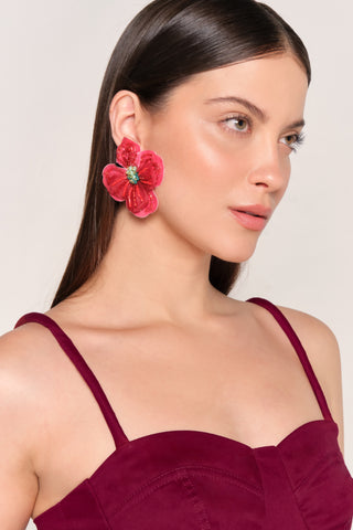Aretes Simona Toscana Renovado con Flor Bordada y Cuentas – Rojo