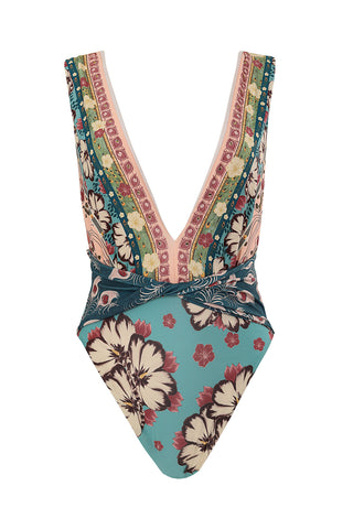 Traje de Baño  Agua Bendita Enterizo Ellis Plume con Escote Profundo y Cinturón Drapeado