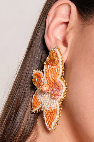 Aretes Simona Tramada Flor con Bordado de Cuentas – Naranja / Crema