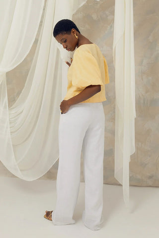 Pantalón en Lino Natural Zali Faride Botones chapado en Oro 24k