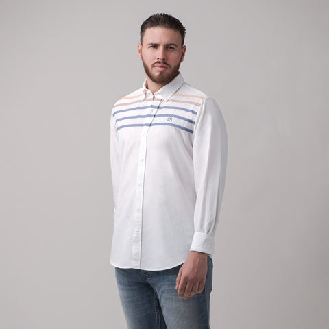 Camisa Club Bertín Mangas Larga de Algodón Twill Con Parches de Rayas Regular Fit