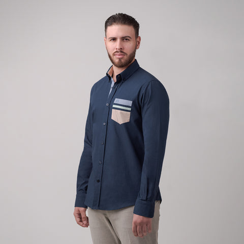 Camisa Club Bertín Mangas Larga de Algodón Twill Con Bolsillo de Parches Regular Fit