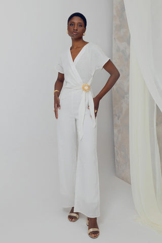 Jumpsuit Evelia en Lino Natural Botón chapado en Oro 24k