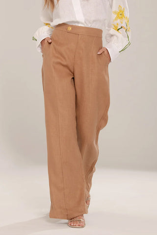 Pantalón en Lino Natural Zali Faride Botones chapado en Oro 24k