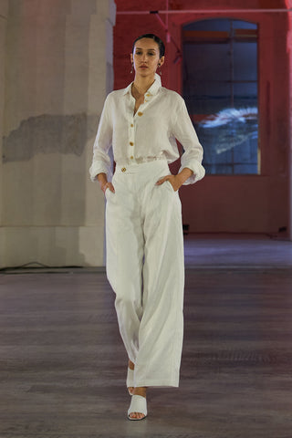 Pantalón en Lino Natural Zali Faride Botones chapado en Oro 24k