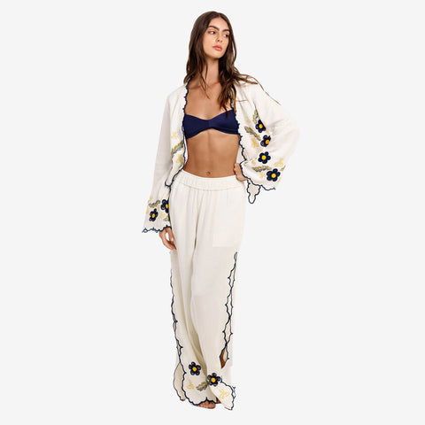 Conjunto Agua Bendita Top + Pantalón Soleil Fiore Bordados Artesanales