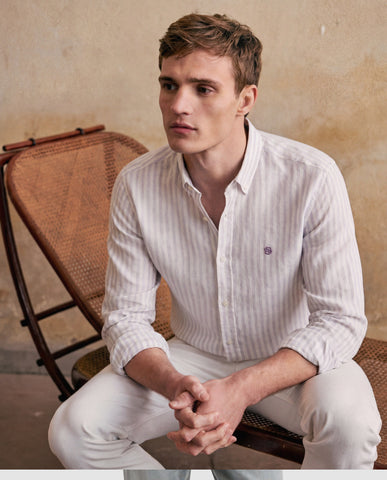 Camisa BOSS de Lino a Rayas Regular fit con Cuello Abotonado