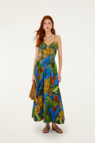 Vestido Largo FARM Rio Banana Royal Blue Estampado Tropical