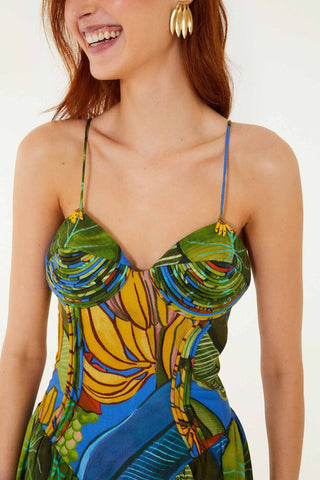 Vestido Largo FARM Rio Banana Royal Blue Estampado Tropical