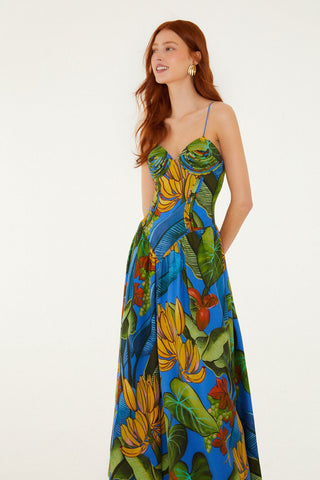 Vestido Largo FARM Rio Banana Royal Blue Estampado Tropical