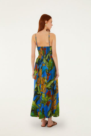 Vestido Largo FARM Rio Banana Royal Blue Estampado Tropical
