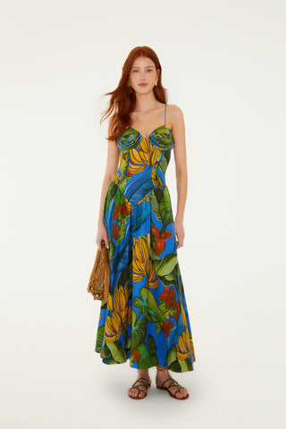 Vestido Largo FARM Rio Banana Royal Blue Estampado Tropical