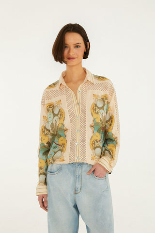Camisa FARM Rio de crochet Sand Royal Sea - Lino