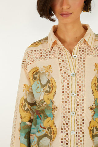 Camisa FARM Rio de crochet Sand Royal Sea - Lino