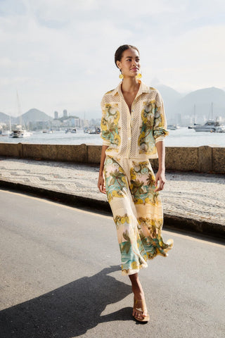 Falda FARM Rio midi de crochet Sand Royal Sea - Lino