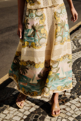 Falda FARM Rio midi de crochet Sand Royal Sea - Lino