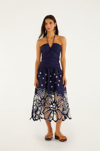 Vestido Midi Azul Marino Bordado Floral FARM Rio