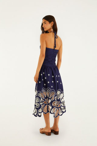 Vestido Midi Azul Marino Bordado Floral FARM Rio