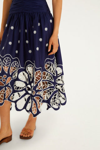 Vestido Midi Azul Marino Bordado Floral FARM Rio