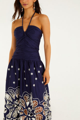 Vestido Midi Azul Marino Bordado Floral FARM Rio