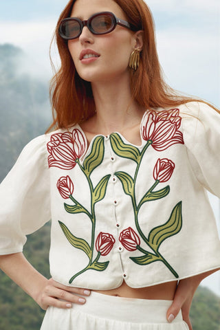 Crop Top FARM Rio flower embroidered en lino