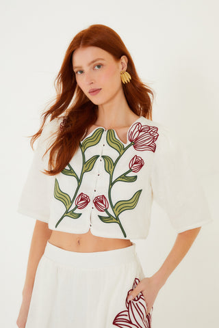 Crop Top FARM Rio flower embroidered en lino