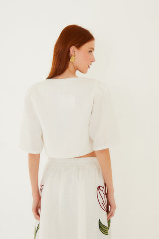 Crop Top FARM Rio flower embroidered en lino