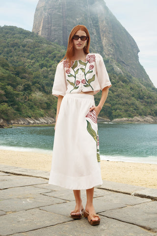 Set FARM Rio en Lino y Bordados de Falda Midi Floral y Top Floral