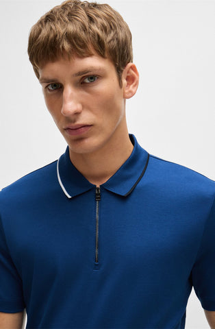 Polo Shirt Regular fit de cuello con cremallera en algodón interlock Azul