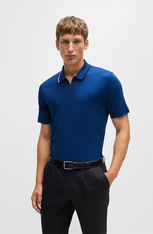 Polo Shirt Regular fit de cuello con cremallera en algodón interlock Azul