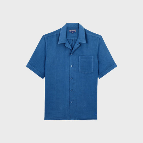 Camisa de Lino Manga Corta con Cuello Abierto Azul Vilebrequin