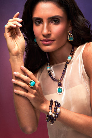 Anillo Cristina Sabatini Noemia Turquoise con Baño de Oro, Turquesa y Cristales – Dorado/Turquesa