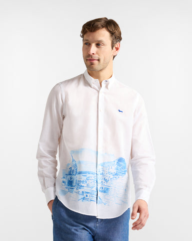 Camisa Harmont & Blaine Poplin en Algodón y Lino Blanca con Estampado Costero