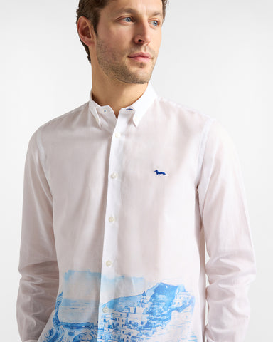 Camisa Harmont & Blaine Poplin en Algodón y Lino Blanca con Estampado Costero