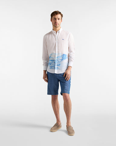 Camisa Harmont & Blaine Poplin en Algodón y Lino Blanca con Estampado Costero