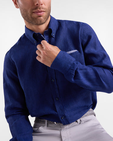 Camisa Harmont & Blaine de Lino con Bolsillo Azul
