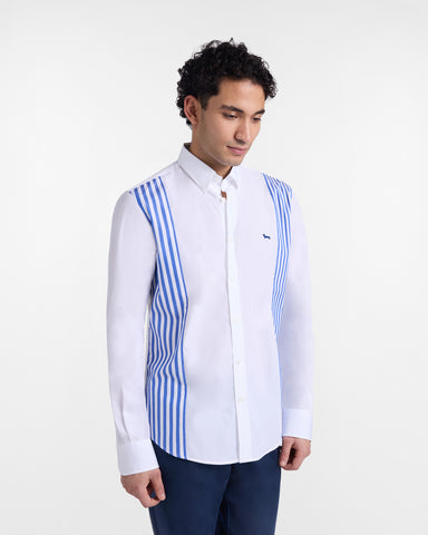 Camisa Harmont & Blaine Blanca con Paneles de Rayas Azules