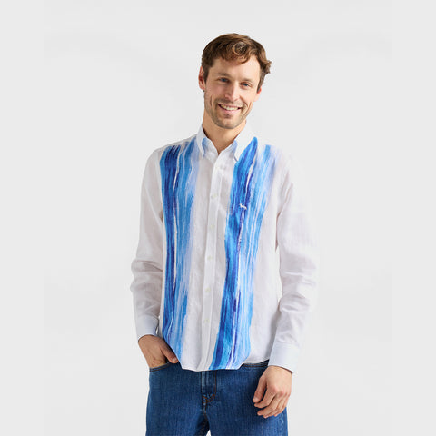 Camisa Harmont & Blaine de Lino con Estampado Pictórico Azul