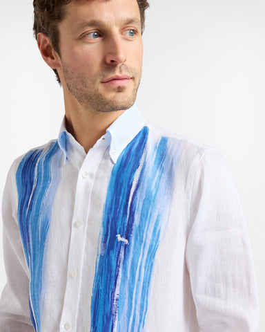 Camisa Harmont & Blaine de Lino con Estampado Pictórico Azul