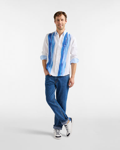 Camisa Harmont & Blaine de Lino con Estampado Pictórico Azul