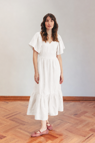 Vestido Midi Faride Glenda de Lino con Mangas Volantes - Blanco
